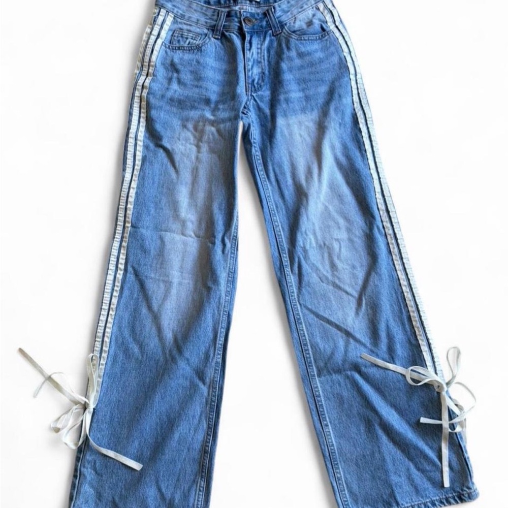Telepatia Blue Straight Leg Jeans with Side Stripes and Ties